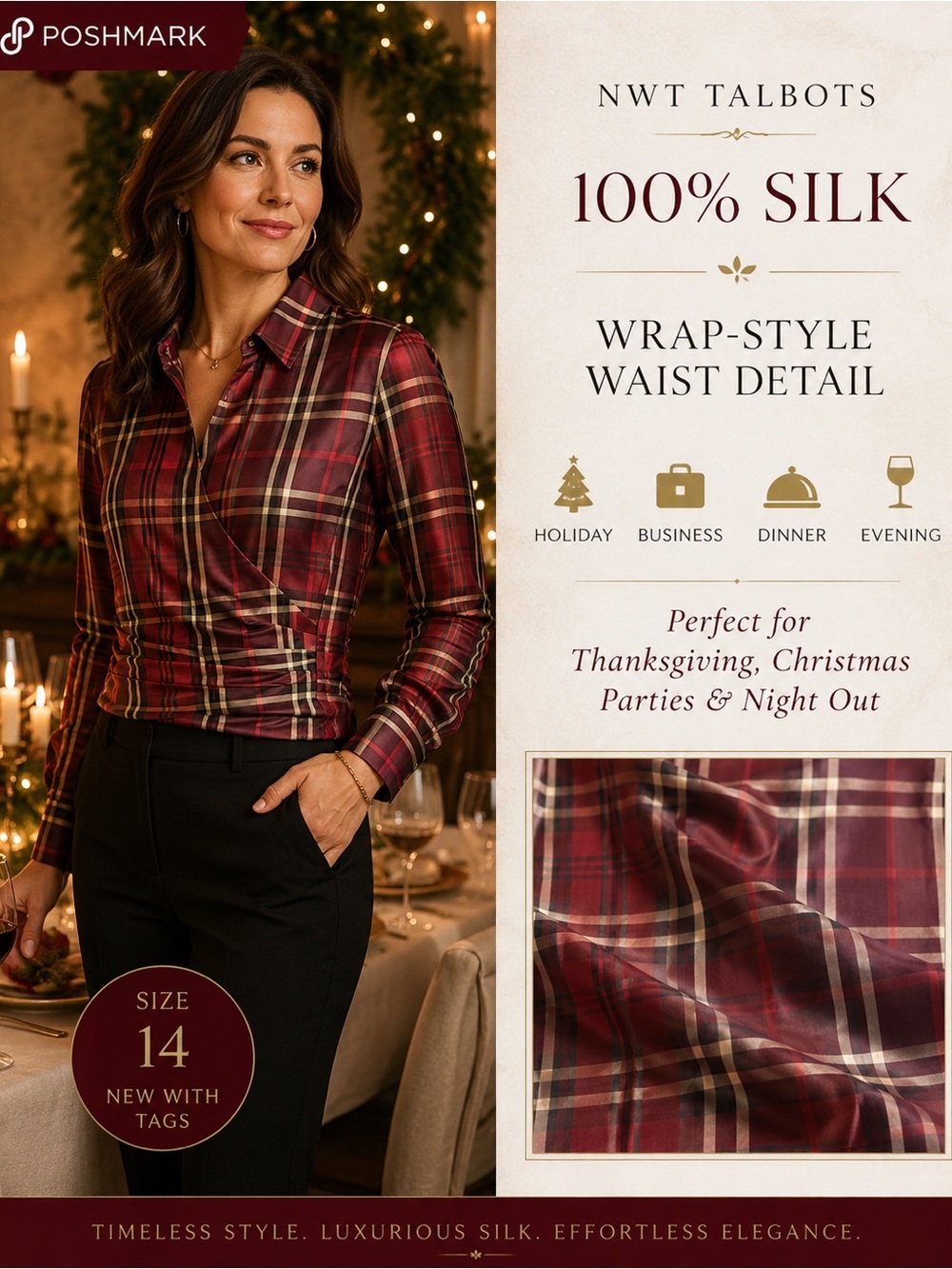 NWT Talbots Plaid Wrap-Style Silk Shirt Size 14